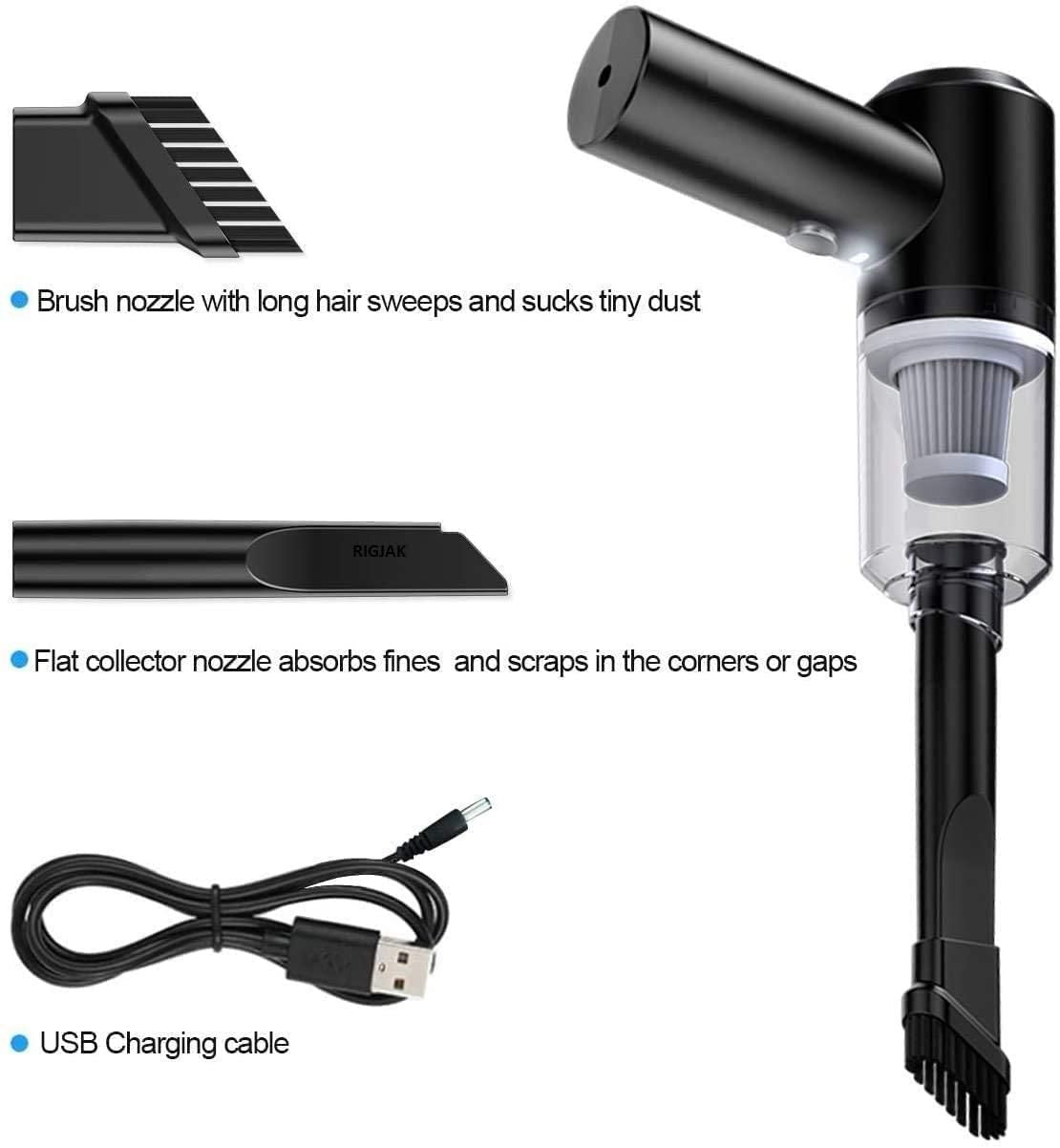 Black handheld vacuum cleaner with various nozzles and USB charging cable 