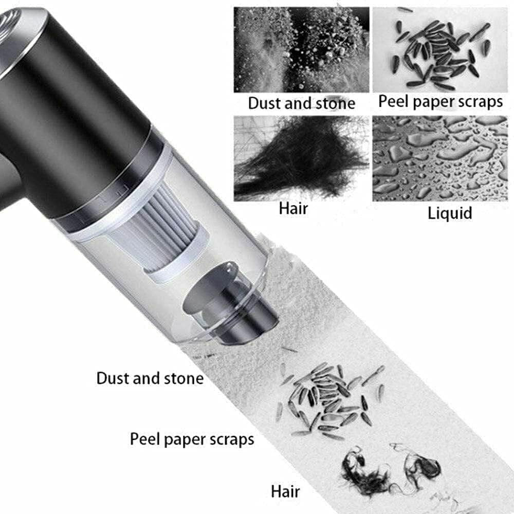 Vacuum cleaner head with collected debris including dust, stone, peel paper scraps, hair, and liquid.