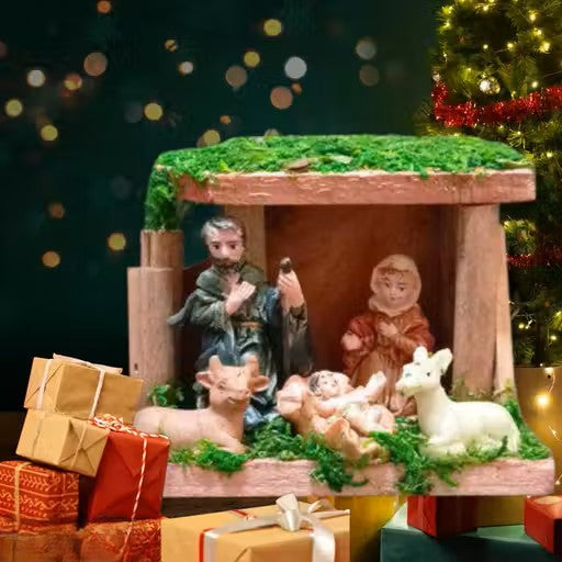 Wooden Crib table top set with baby Jesus, Mother mary and Father Joseph