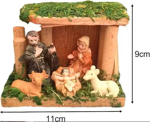 Wooden Crib table top set with baby Jesus, Mother mary and Father Joseph