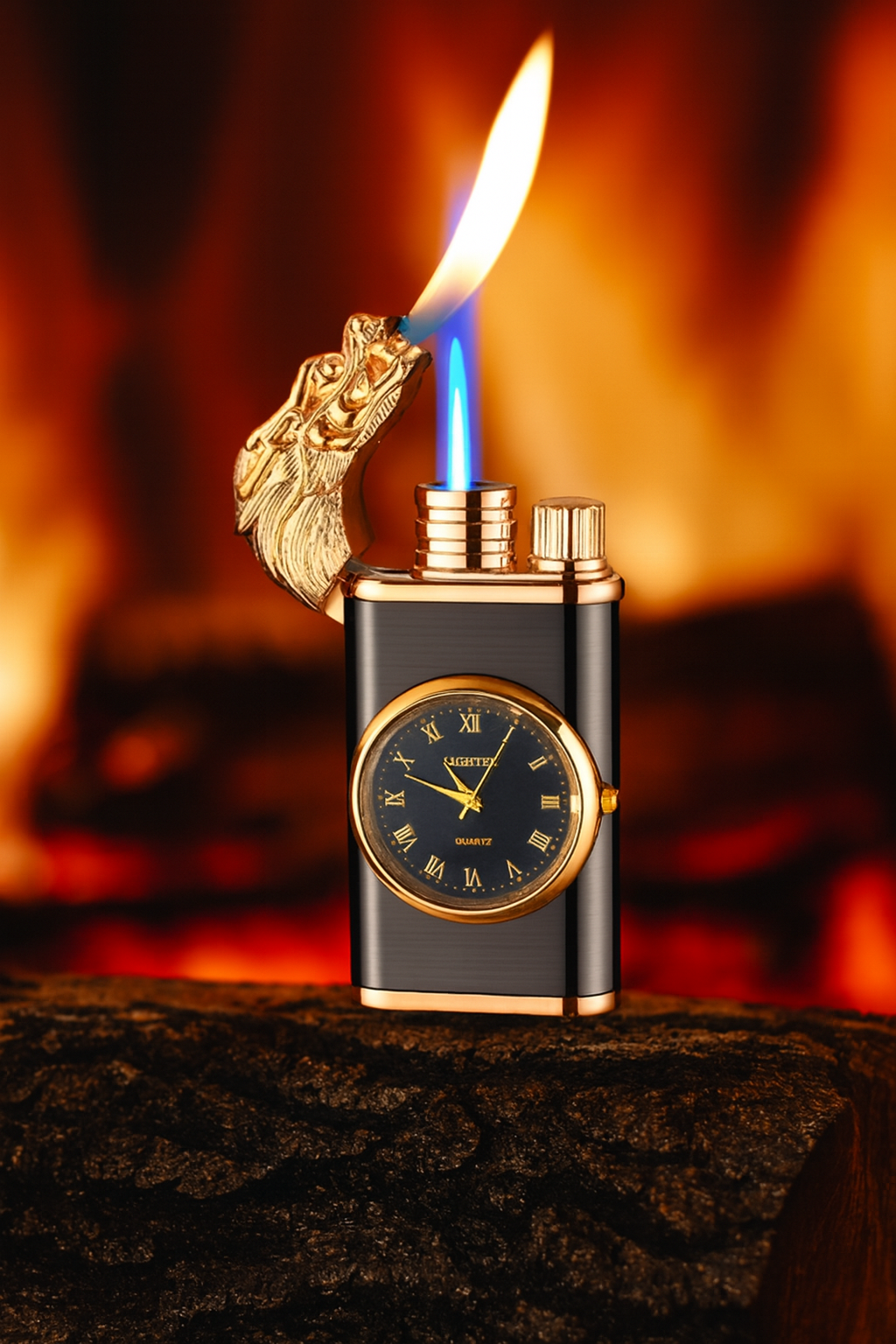 Magic Dual Flame Dragon Lighter with clock
