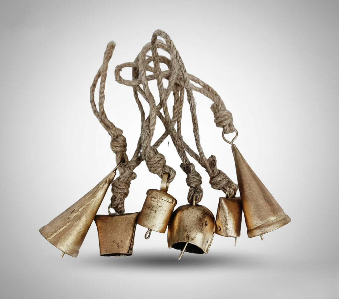 Iron Set of 6pc Harmony Cow Bells Vintage Handmade Rustic Lucky Christmas Hanging Decor Bells On Rope Set of 6pc