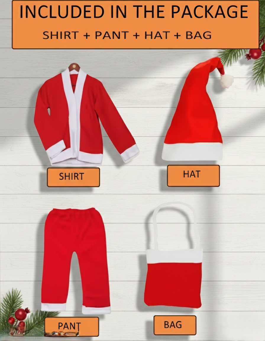Santa Clause Christmas Day Costume in Velvet Fabric with Cap, and Bag-Red & White For Boys & Girls
