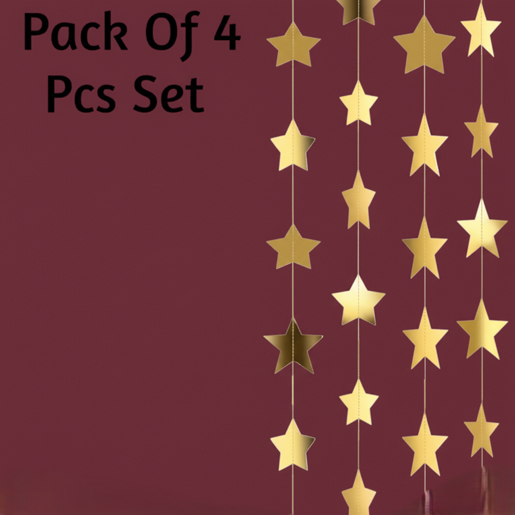 Christmas Decoration Golden Star Paper Frills Set of 4 Pieces | Hanging Garland Decoration, 110 cm