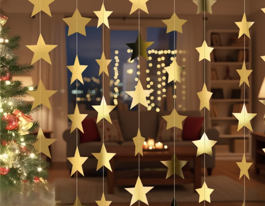 Christmas Decoration Golden Star Paper Frills Set of 4 Pieces | Hanging Garland Decoration, 110 cm