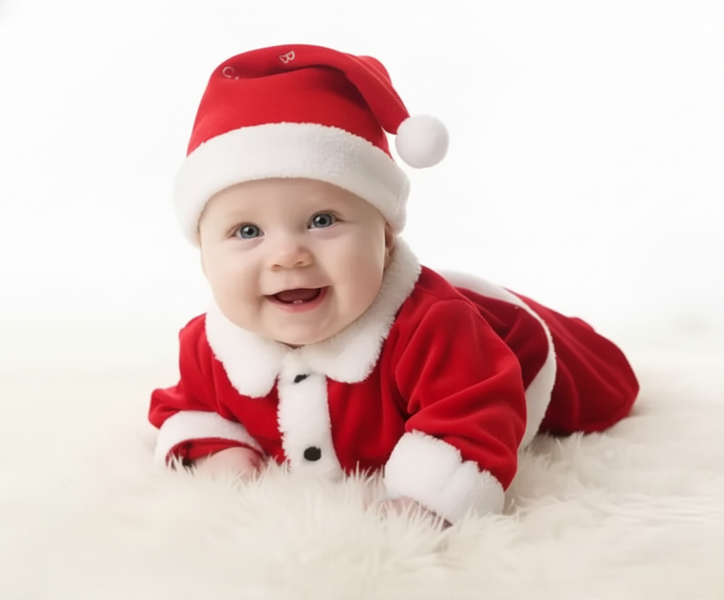 Santa Clause Christmas Day Costume in Velvet Fabric with Cap, and Bag-Red & White For Boys & Girls