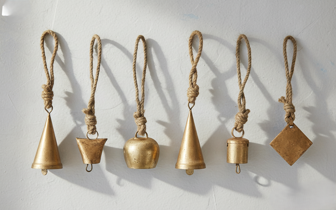 Iron Set of 6pc Harmony Cow Bells Vintage Handmade Rustic Lucky Christmas Hanging Decor Bells On Rope Set of 6pc