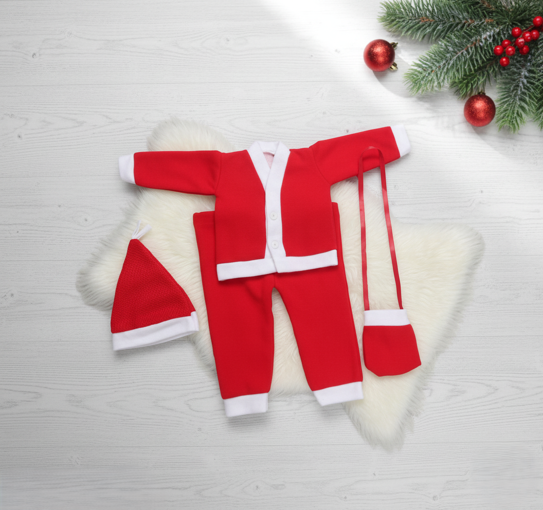 Santa Clause Christmas Day Costume in Velvet Fabric with Cap, and Bag-Red & White For Boys & Girls