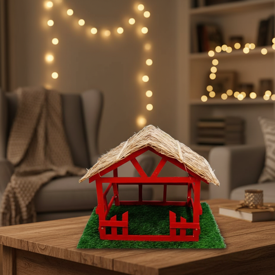 Eco-Friendly PVC Crib – Straw Roof Nativity Stable /Crib for Christmas Home & Church Display (Size 50*36*45cm)