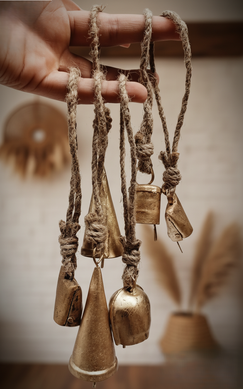 Iron Set of 6pc Harmony Cow Bells Vintage Handmade Rustic Lucky Christmas Hanging Decor Bells On Rope Set of 6pc