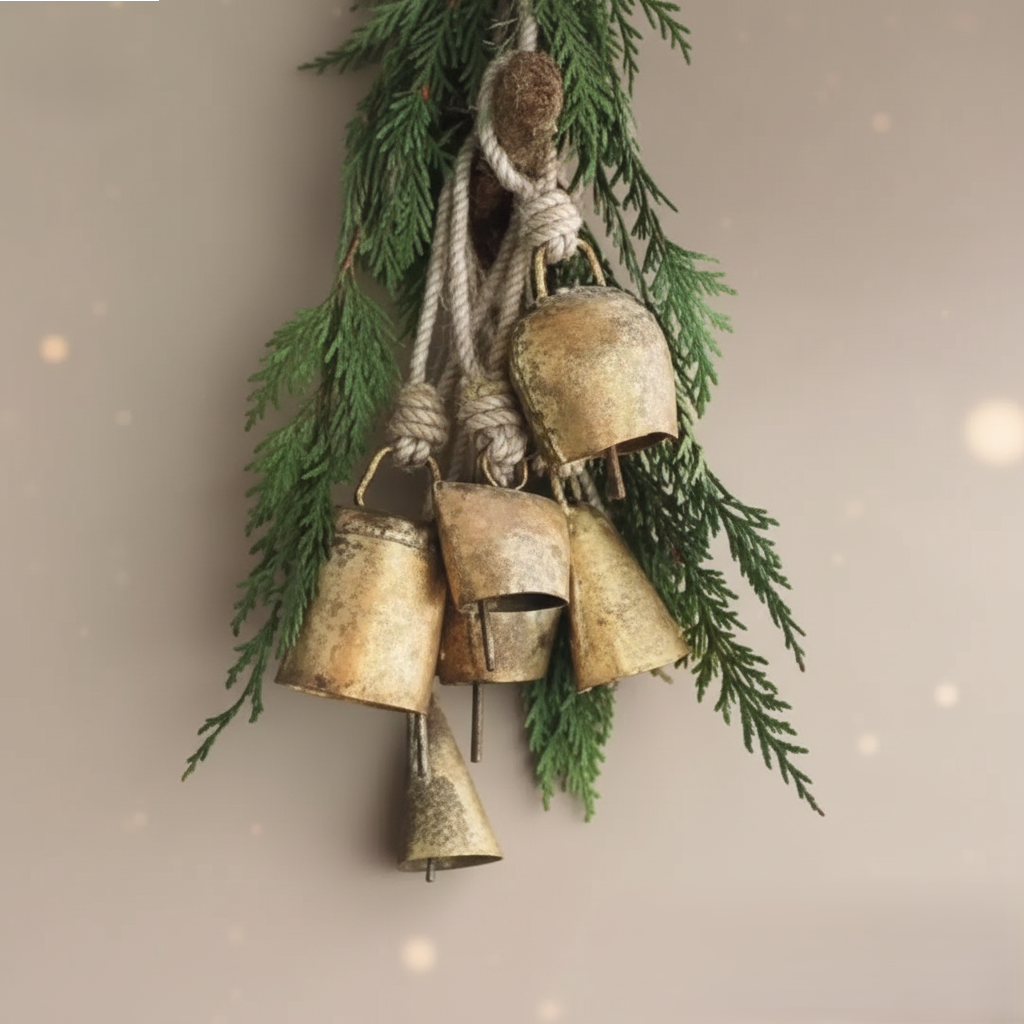 Iron Set of 6pc Harmony Cow Bells Vintage Handmade Rustic Lucky Christmas Hanging Decor Bells On Rope Set of 6pc