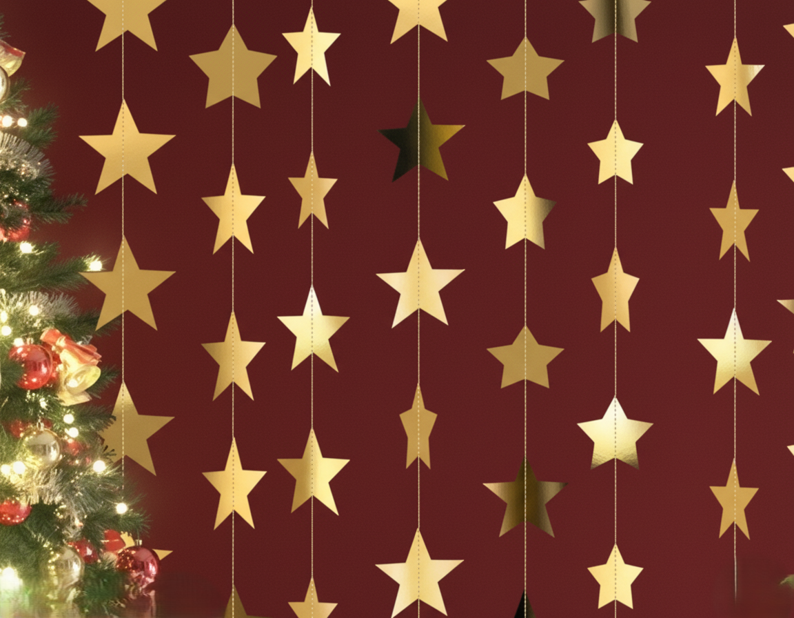 Christmas Decoration Golden Star Paper Frills Set of 4 Pieces | Hanging Garland Decoration, 110 cm
