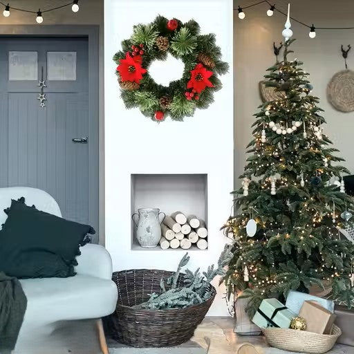 Christmas Wreath for Door with Red Poinsettia Pine Cones and Frosted Branches Hanging Christmas Decor 16 Inch