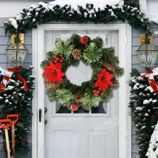 Christmas Wreath for Door with Red Poinsettia Pine Cones and Frosted Branches Hanging Christmas Decor 16 Inch