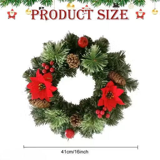 Christmas Wreath for Door with Red Poinsettia Pine Cones and Frosted Branches Hanging Christmas Decor 16 Inch